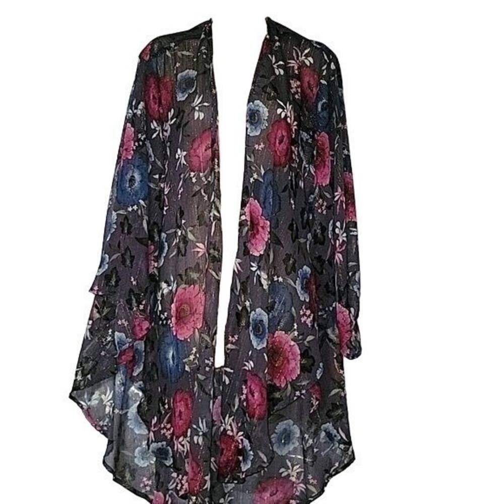 Torrid Floral Sheer Metallic Kimono Cardigan Open Front Pink Blue 00/0 M/L